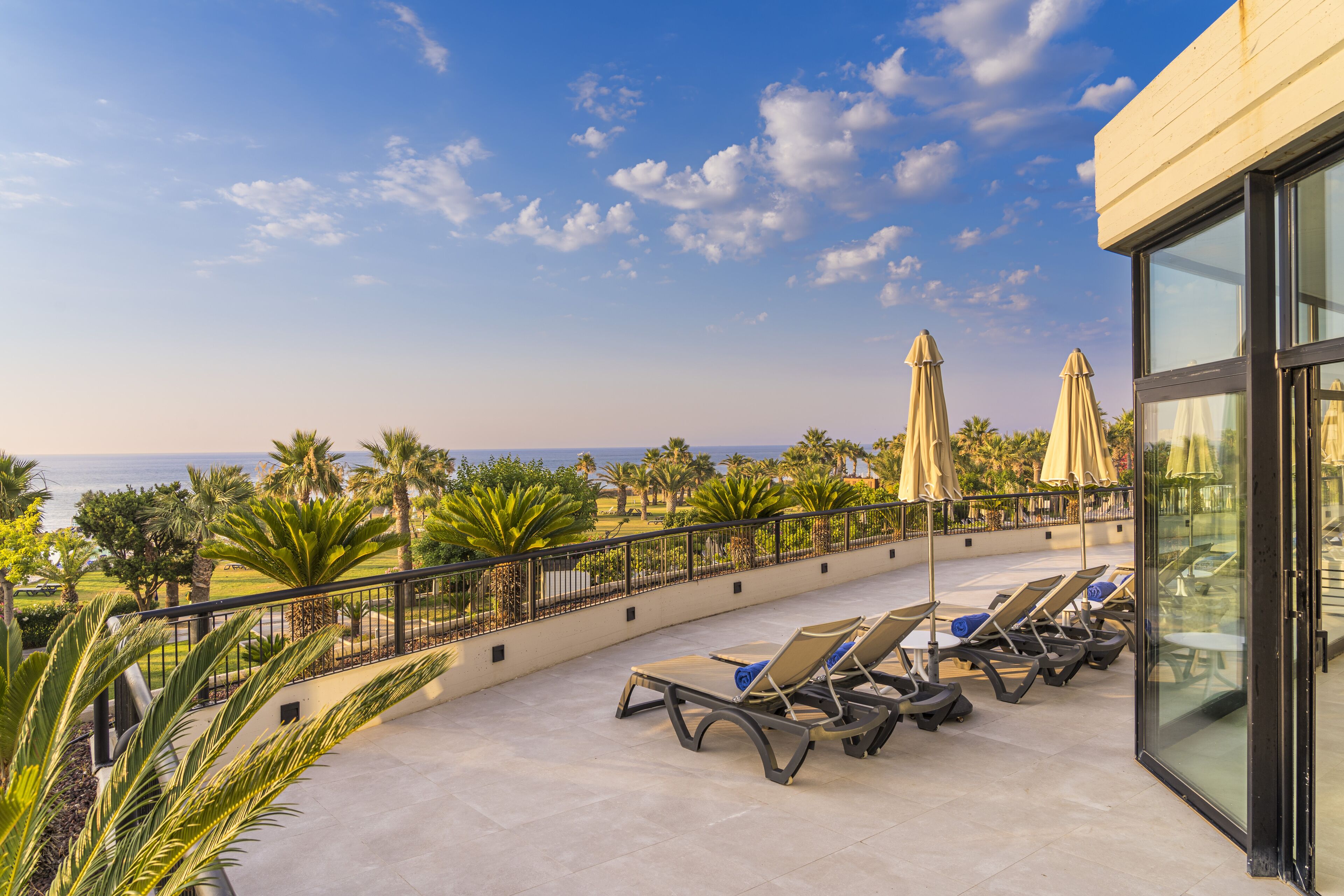 Terraza en la azotea con sillones y sombrillas, con vistas a una playa y palmeras.