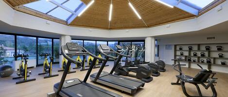 A gym with treadmills, elliptical machines, and free weights.
