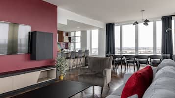 Een 49-inch lcd-televisie met kabelzenders en televisie