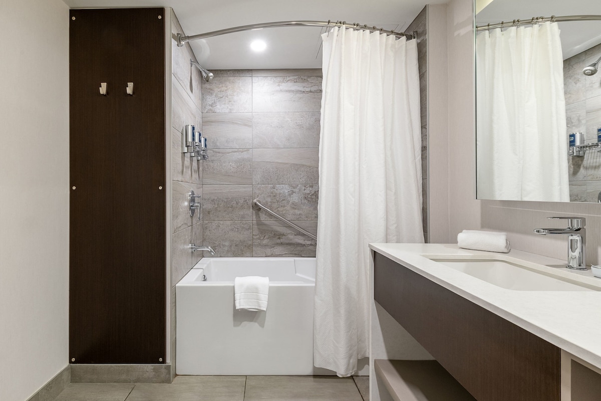 A modern bathroom with a bathtub, a shower, and a vanity with a sink.