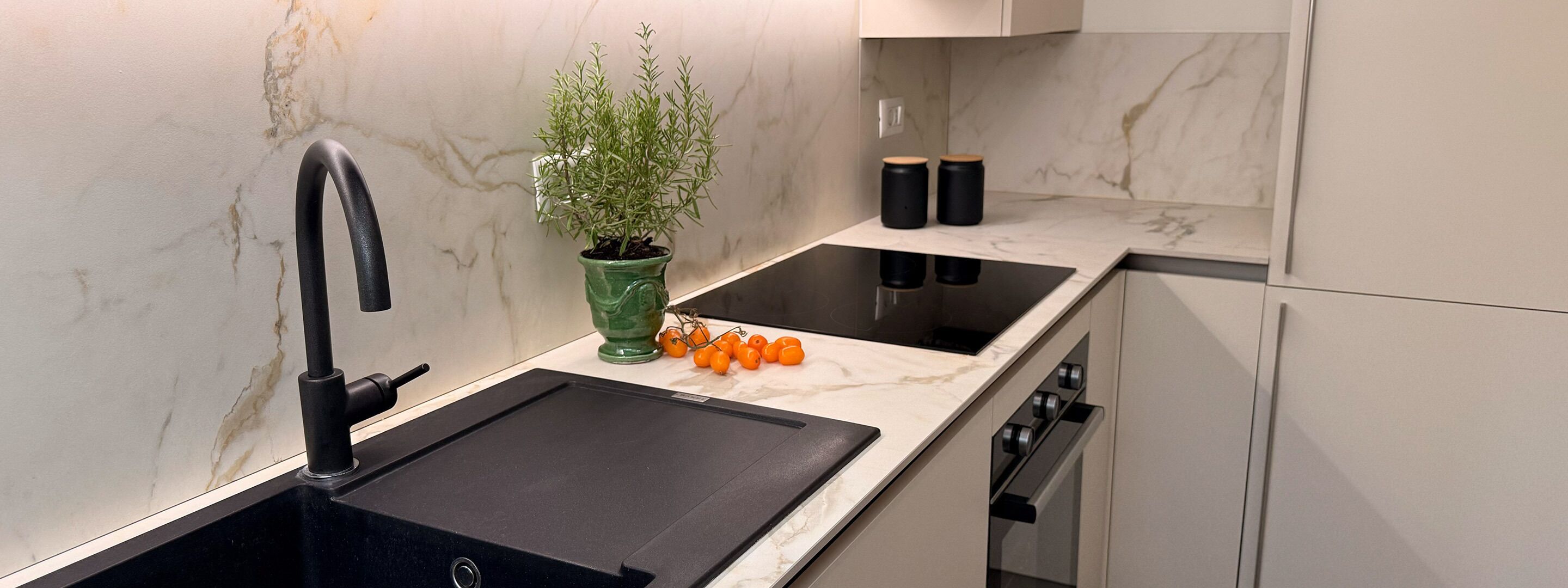 A modern kitchen with a black sink, a green plant, and a marble countertop.