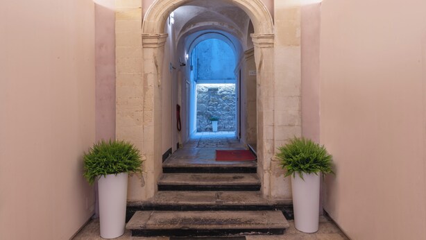 A stone staircase leading to a doorway with a blue-tinted archway, flanked by two potted plants.