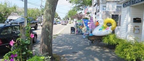 A street with a 'NO PARKING' sign, a small Christian bookstore, and a swan float decoration.