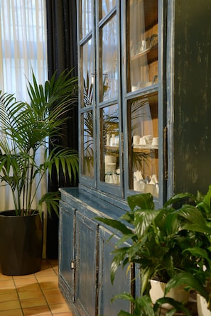 A room with a blue cabinet, a large potted plant, and a window with shelves. - Hotel Locanda Cairoli (Rome)