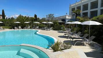 Seasonal outdoor pool, open 10:00 AM to 8:00 PM, pool umbrellas