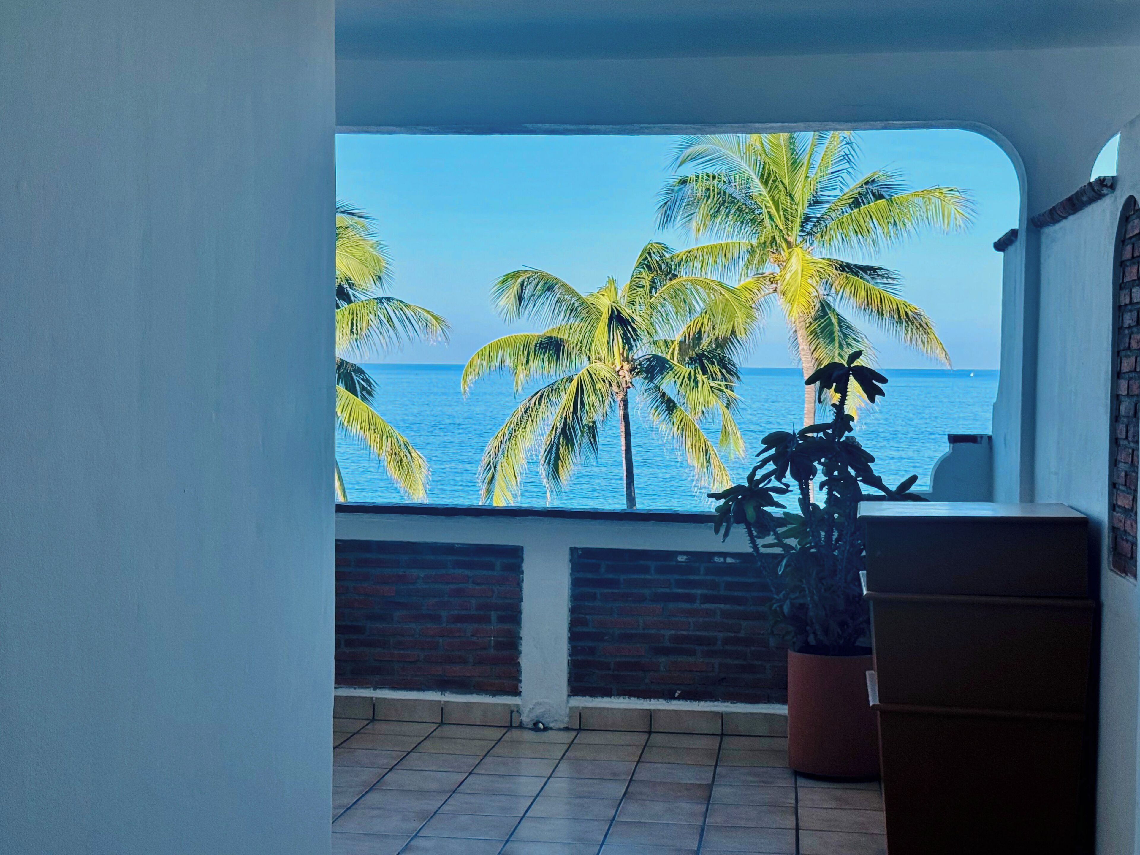 A balcony with a view of the sea and palm trees.