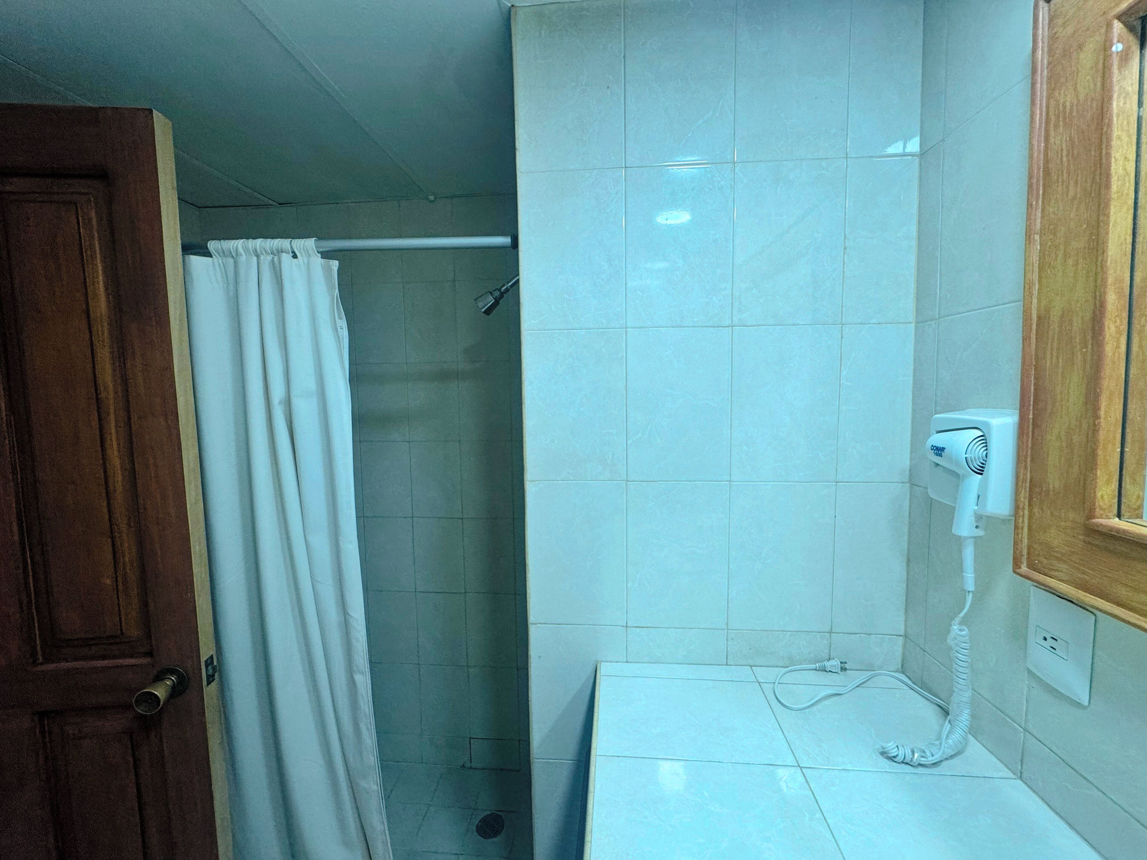 A bathroom with a shower, a hairdryer, and a door.