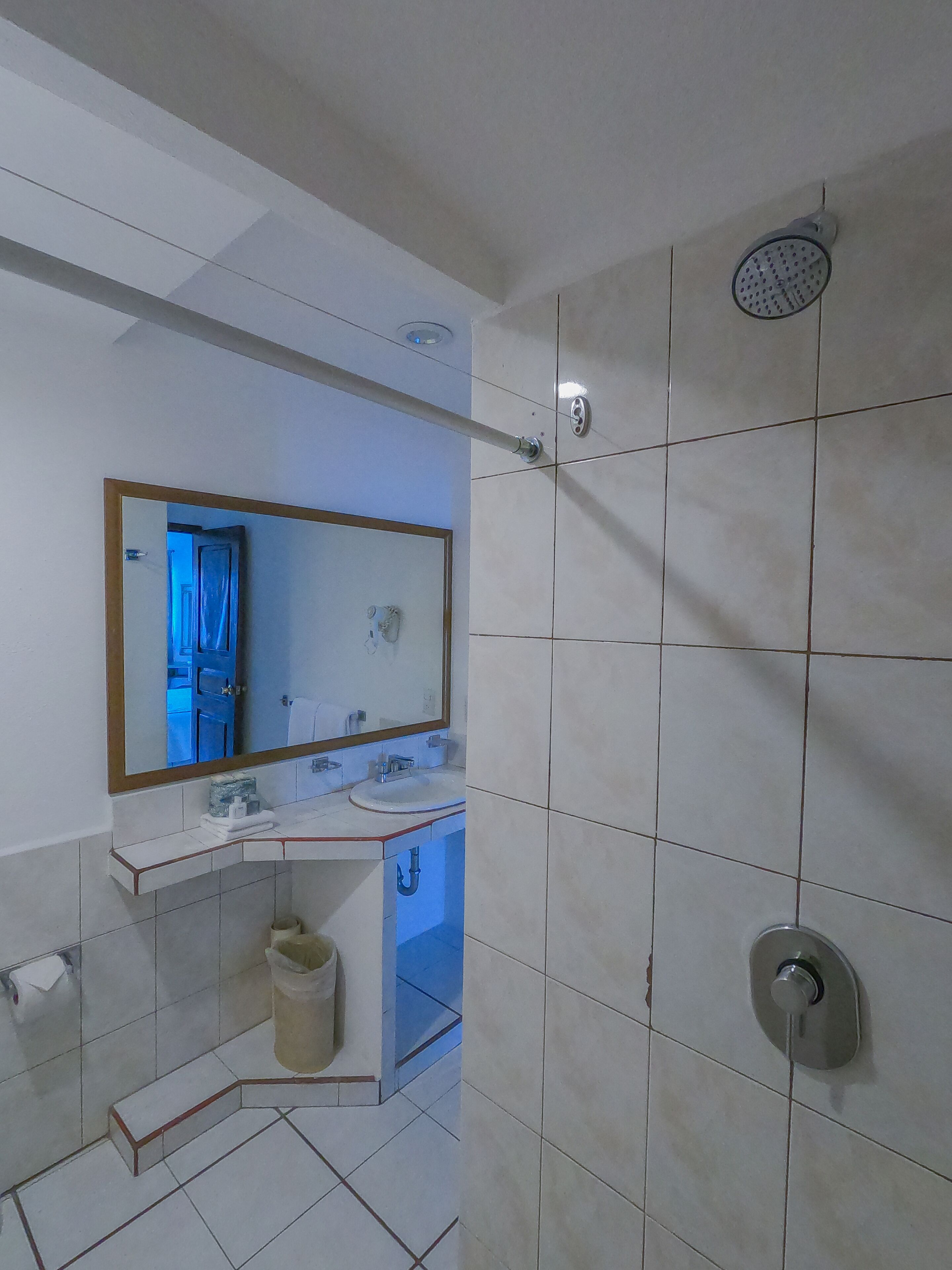 A bathroom with a mirror, sink, and shower.