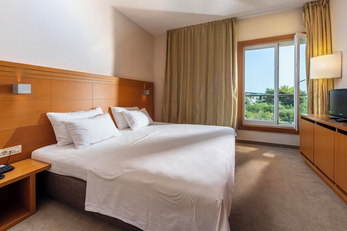 A hotel room with a bed, a TV on a wooden cabinet, a bedside table with a phone, and a window with curtains.