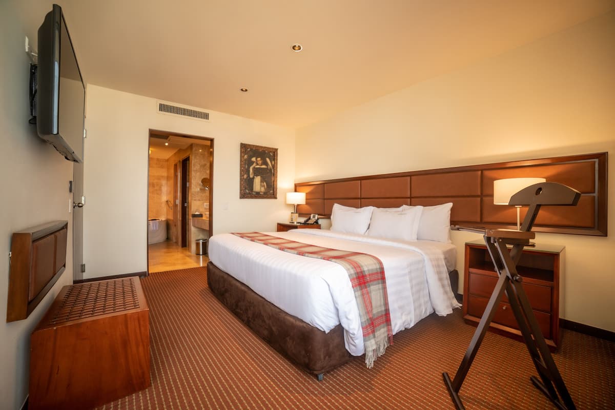 Une chambre d’hôtel avec un grand lit, un téléviseur à écran plat fixé au mur, une table de chevet avec une lampe et une petite table de nuit en bois.