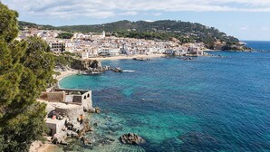 A coastal town with buildings along the shoreline, clear blue water, and a hilly backdrop. - Hotel Sant Roc (Palafrugell)