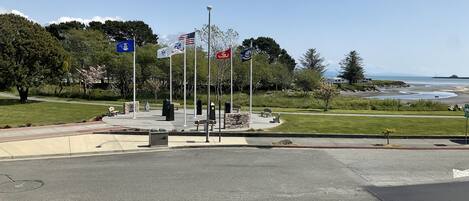 A parking lot with multiple flags, a grassy area, and a view of the ocean.