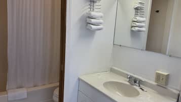 Standard Room, 2 Queen Beds | Bathroom | Combined shower/bathtub, free toiletries, towels