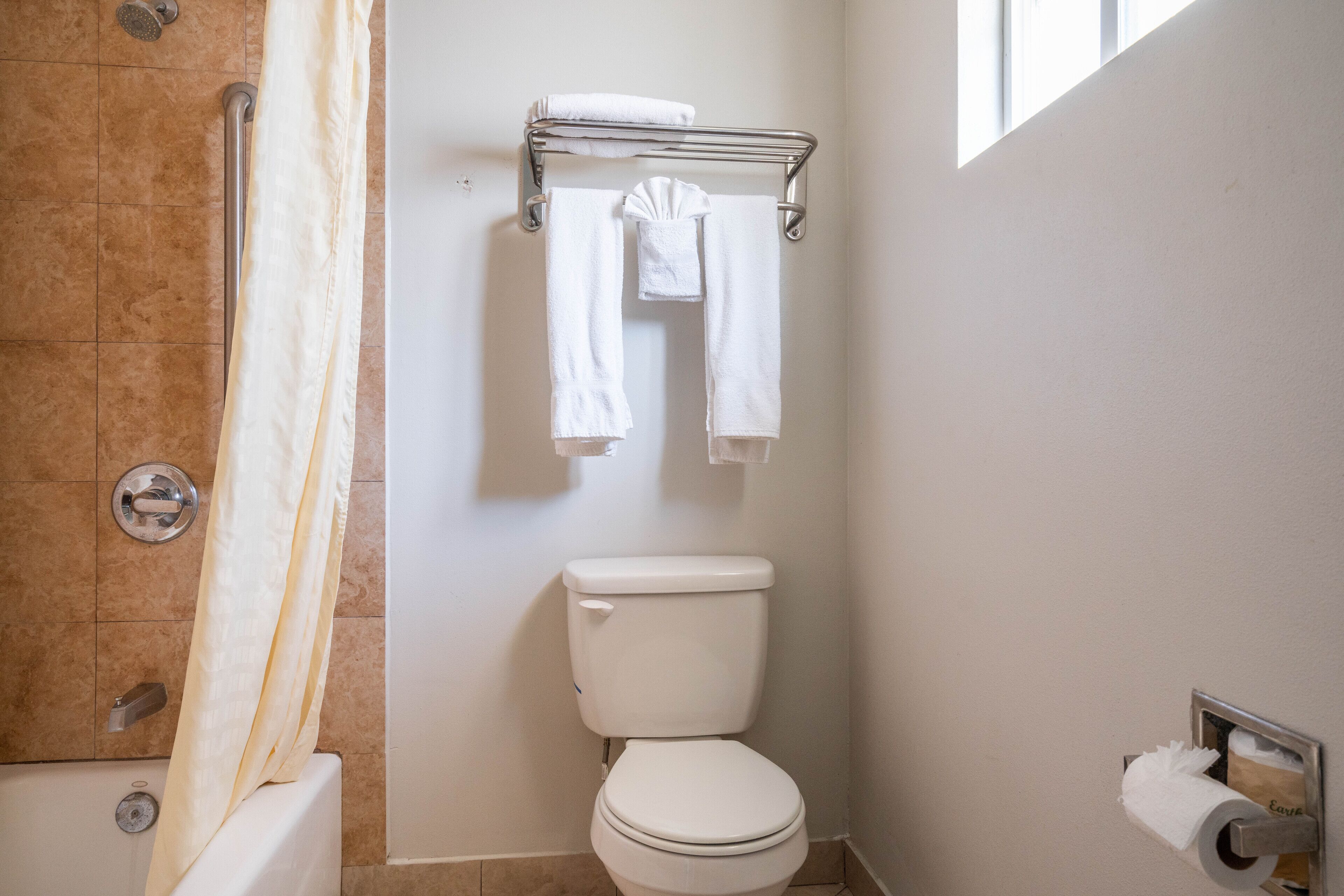 A bathroom with a toilet, a shower, and a towel rack with two towels.