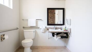 Een badkamer met toilet, wastafel, spiegel, handdoekrek en handdroger.