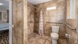Ein Badezimmer mit Dusche, Toilette und Haltegriffen.