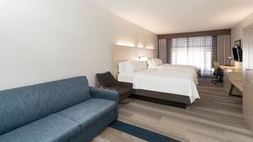 Desk, laptop workspace, blackout curtains, iron/ironing board