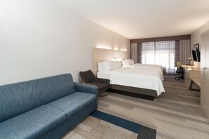 Desk, laptop workspace, blackout curtains, iron/ironing board