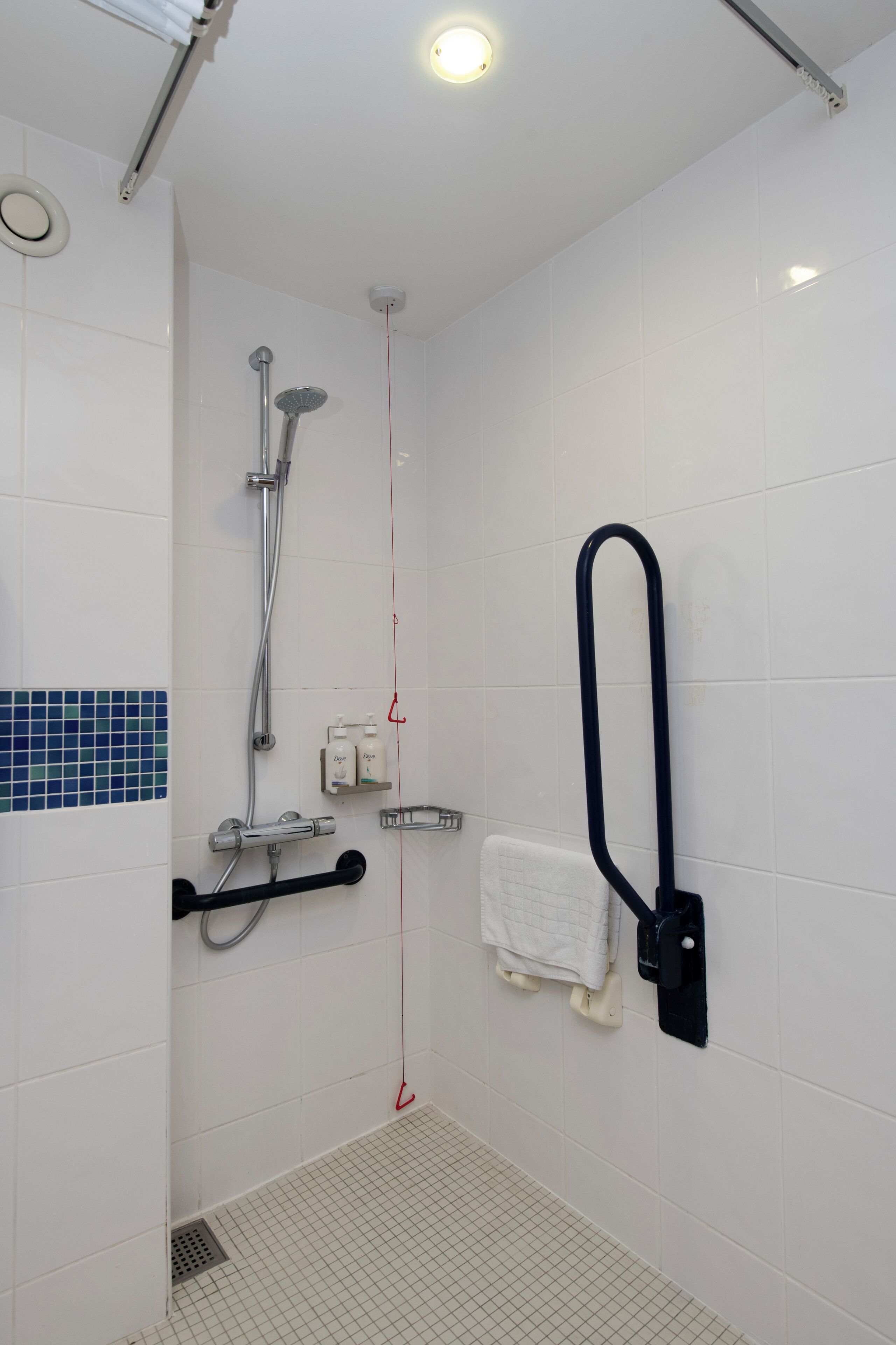 A shower with a handheld showerhead, a wall-mounted towel rack, and a small shelf with toiletries.