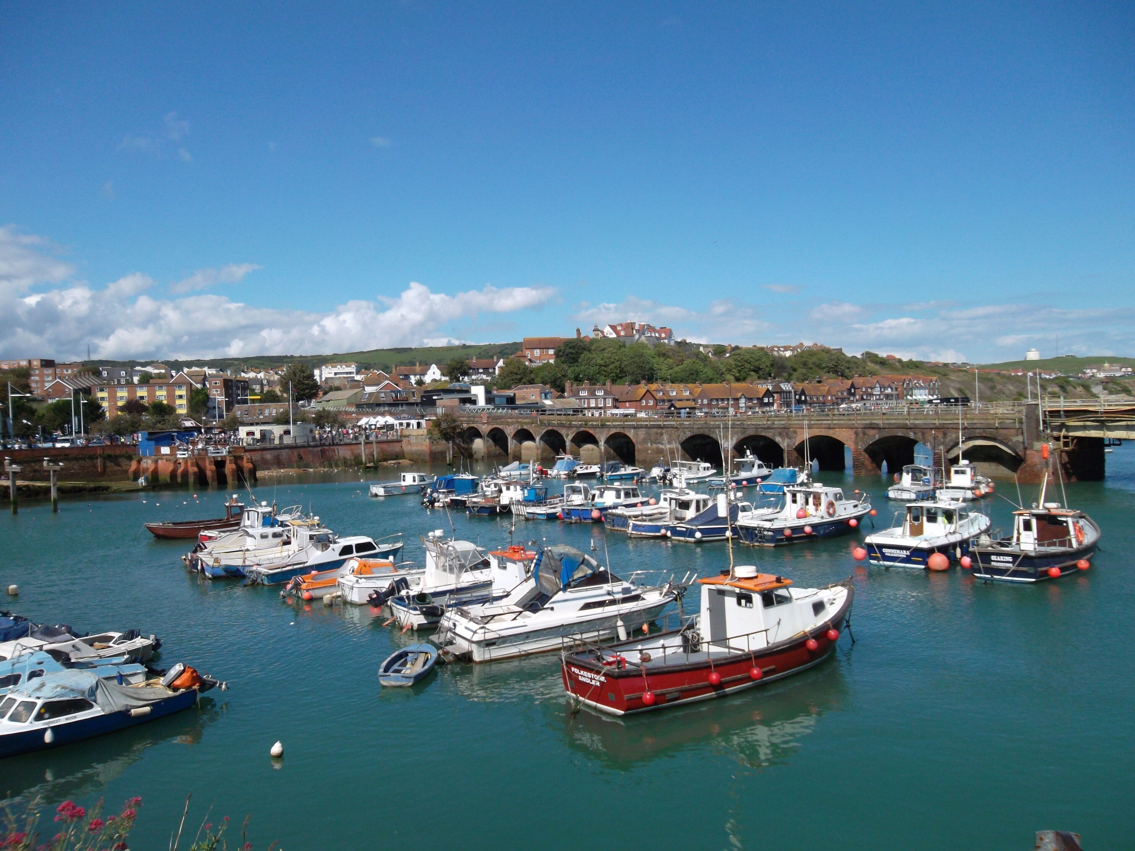 A harbor with multiple boats docked, a bridge in the background, and buildings on the hillside.