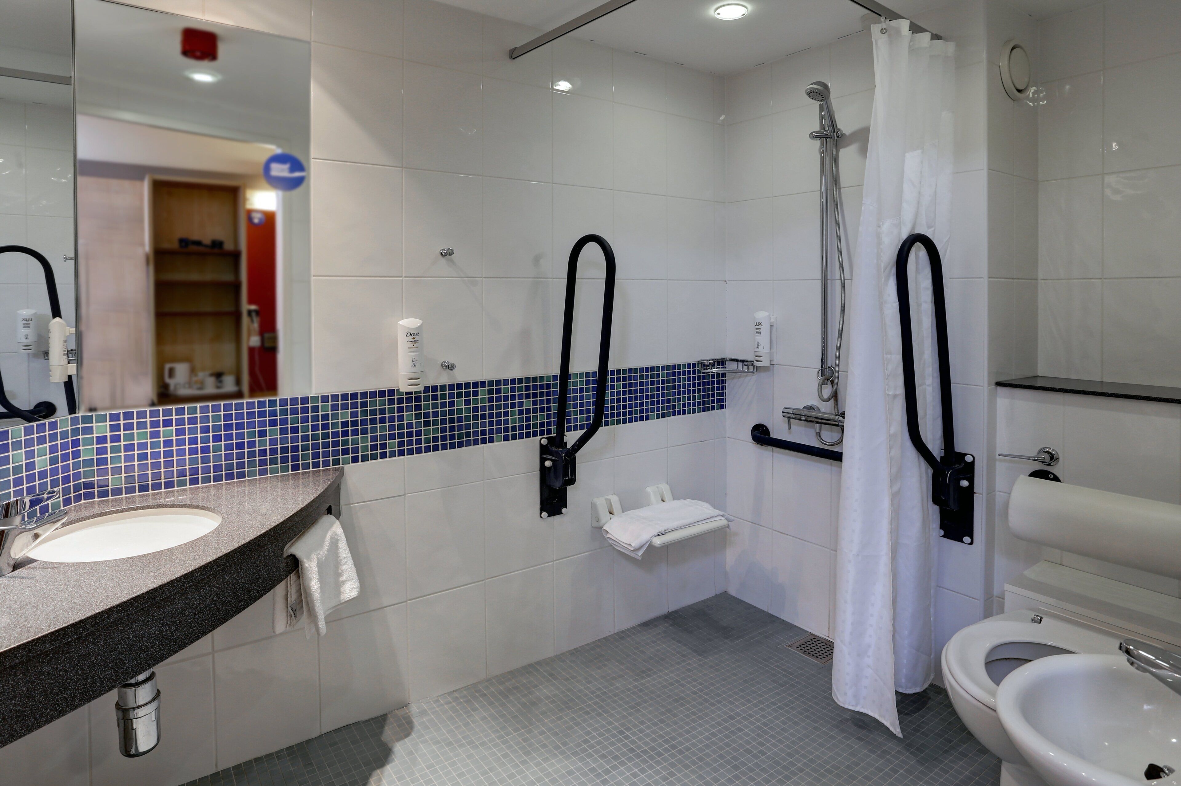 A modern bathroom with a dual sink, a shower with a handheld showerhead, and a toilet.