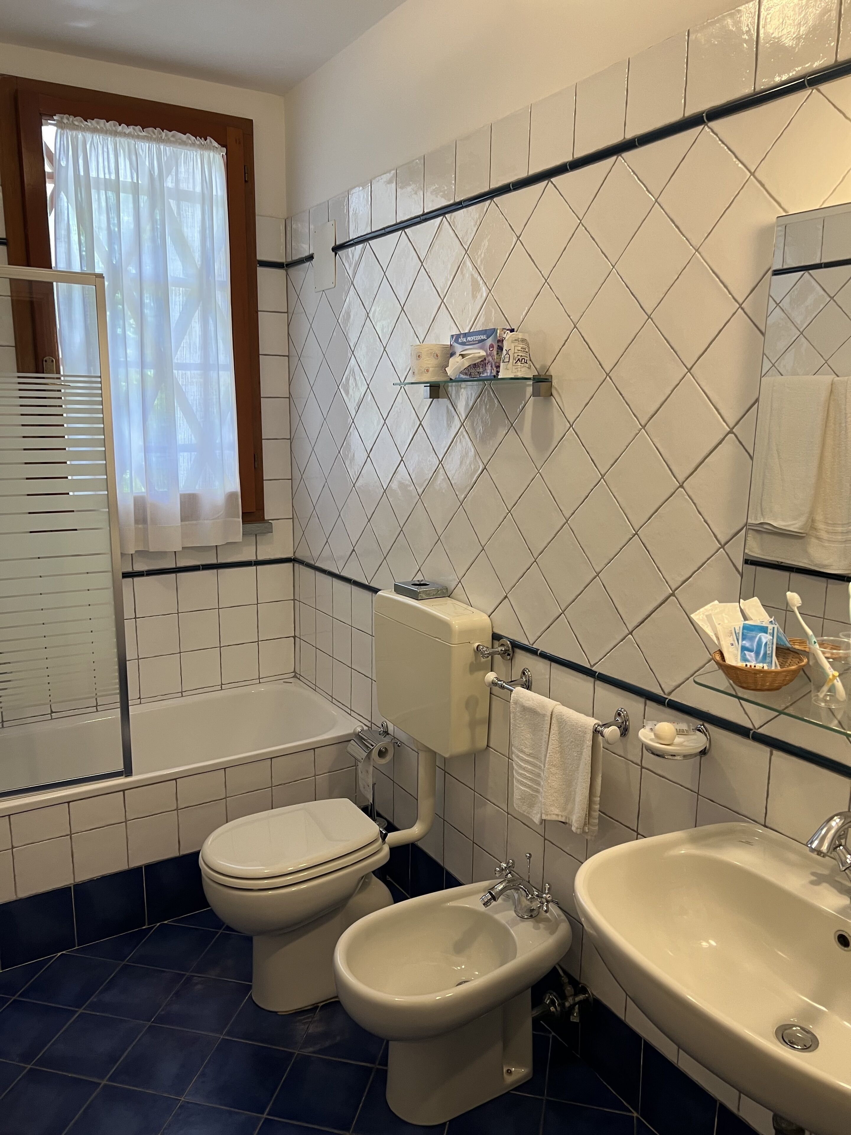 A bathroom with a toilet, bidet, and sink. There are shelves with toiletries and a window with curtains.