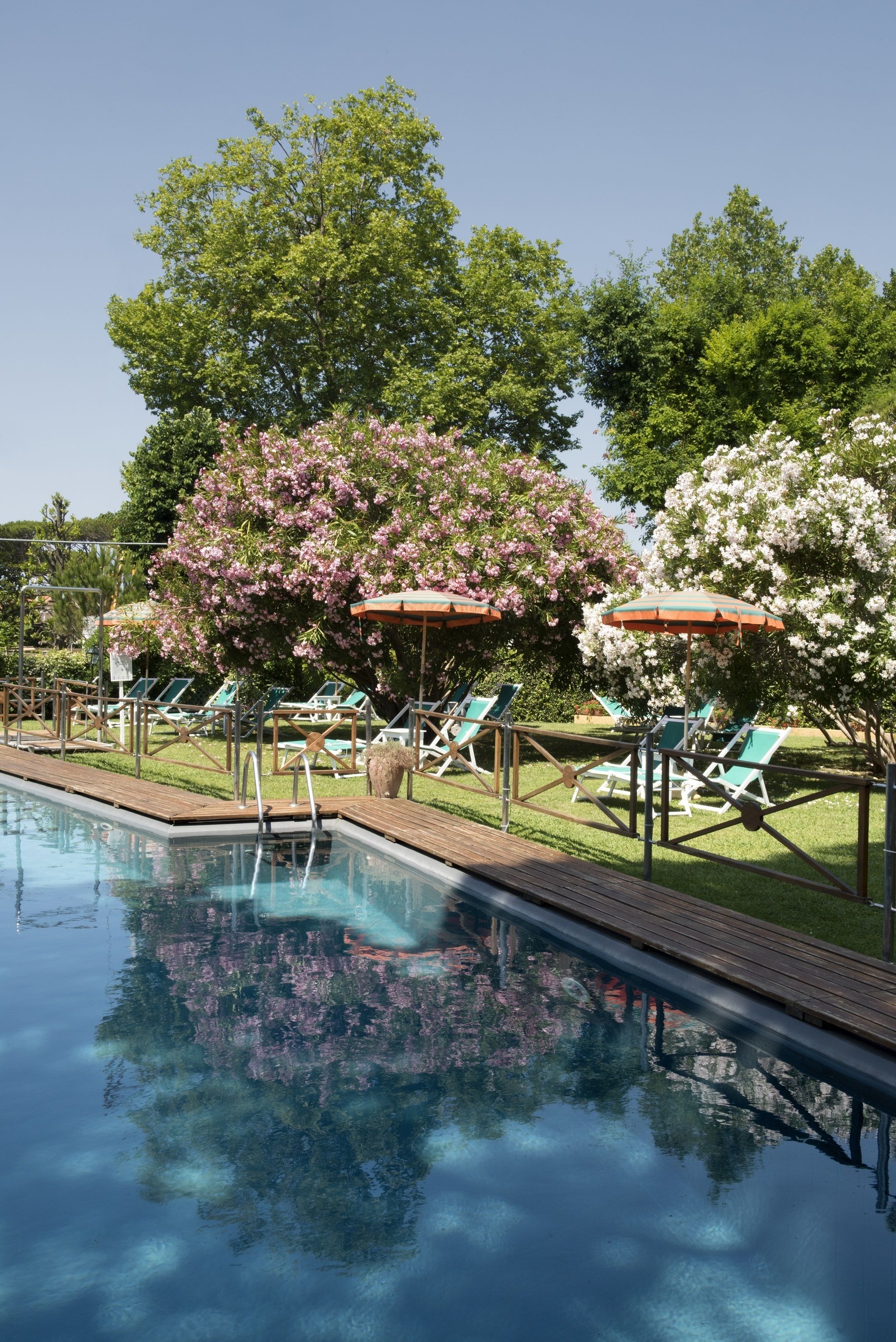 outdoor pool, pool umbrellas, pool loungers