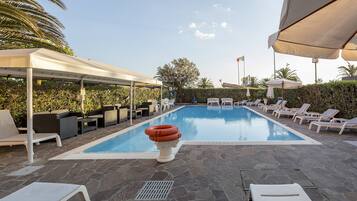 Seasonal outdoor pool, pool umbrellas, pool loungers