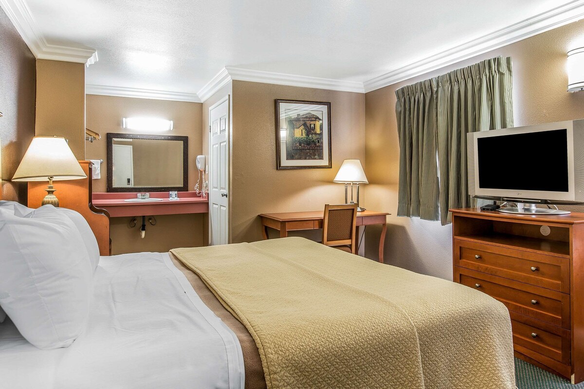 Habitación de hotel con cama, escritorio, silla, televisor, cómoda y espejo.
