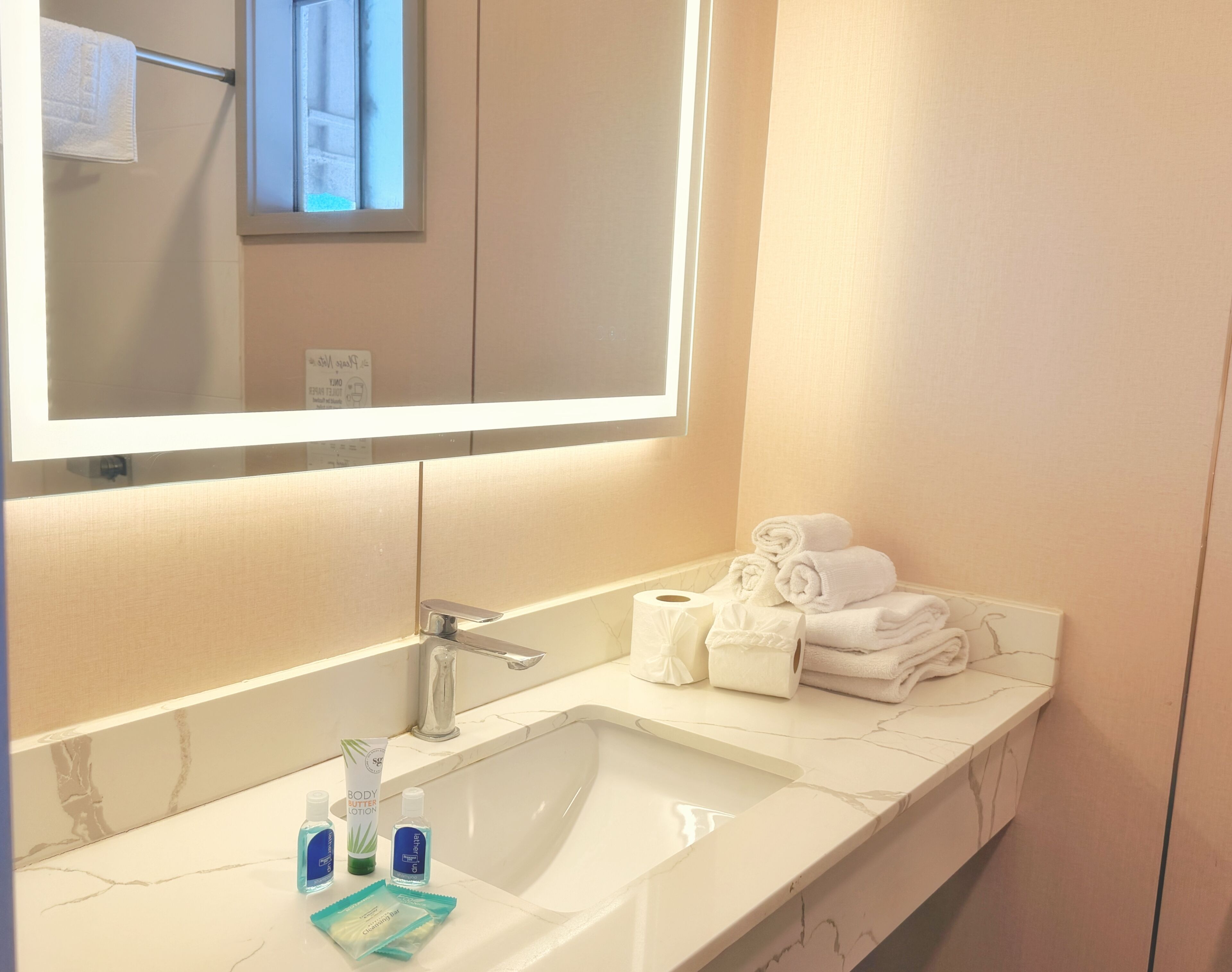 Une salle de bain avec un lavabo blanc, un miroir et des articles de toilette, notamment une lotion pour le corps, du savon pour les mains et un pain de savon.