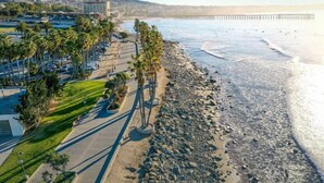 A coastal road with palm trees, a beach, and a pier. - Rodeway Inn Ventura Midtown (Ventura)