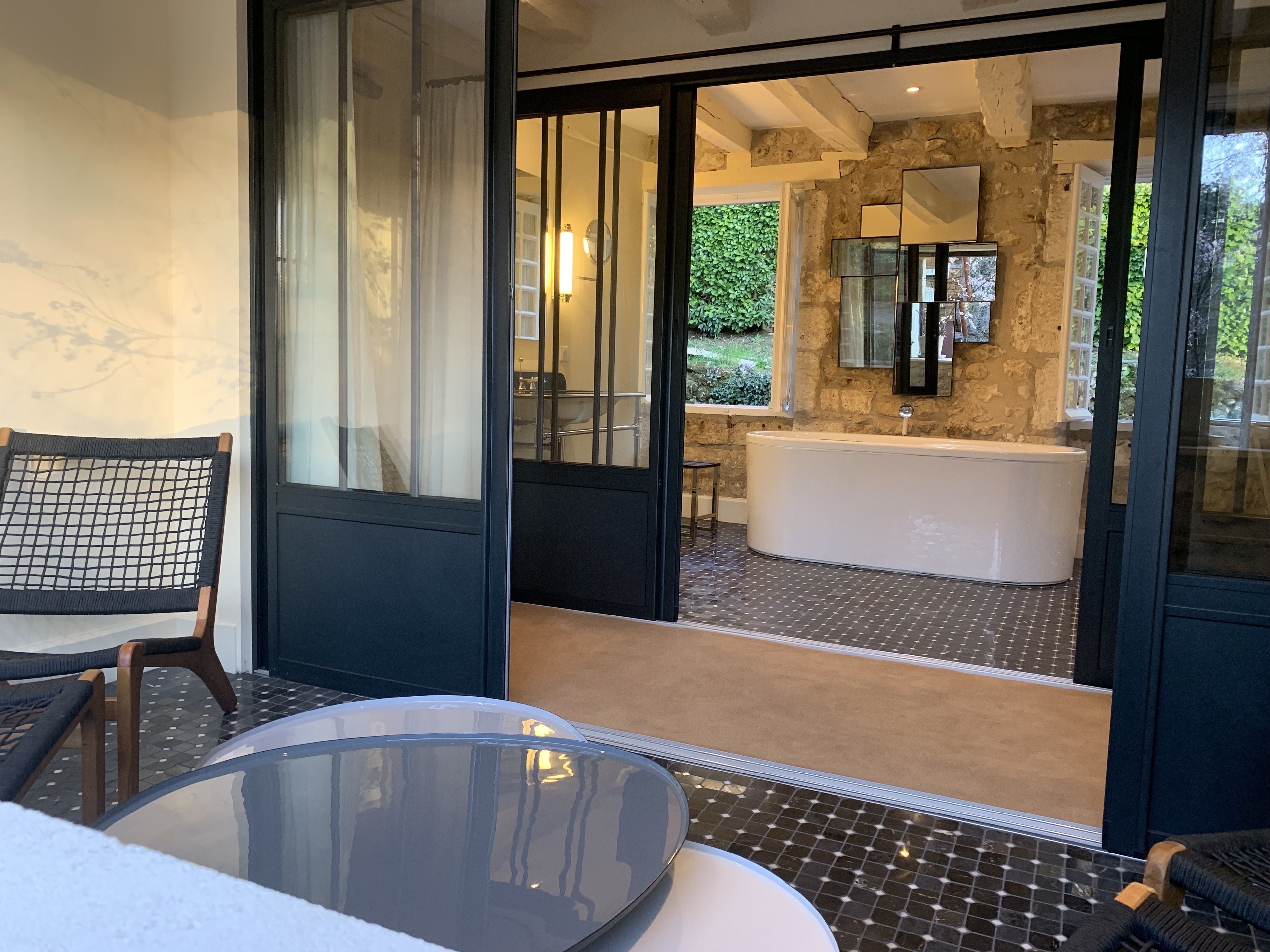 designer toiletries, hair dryer, bathrobes, towels