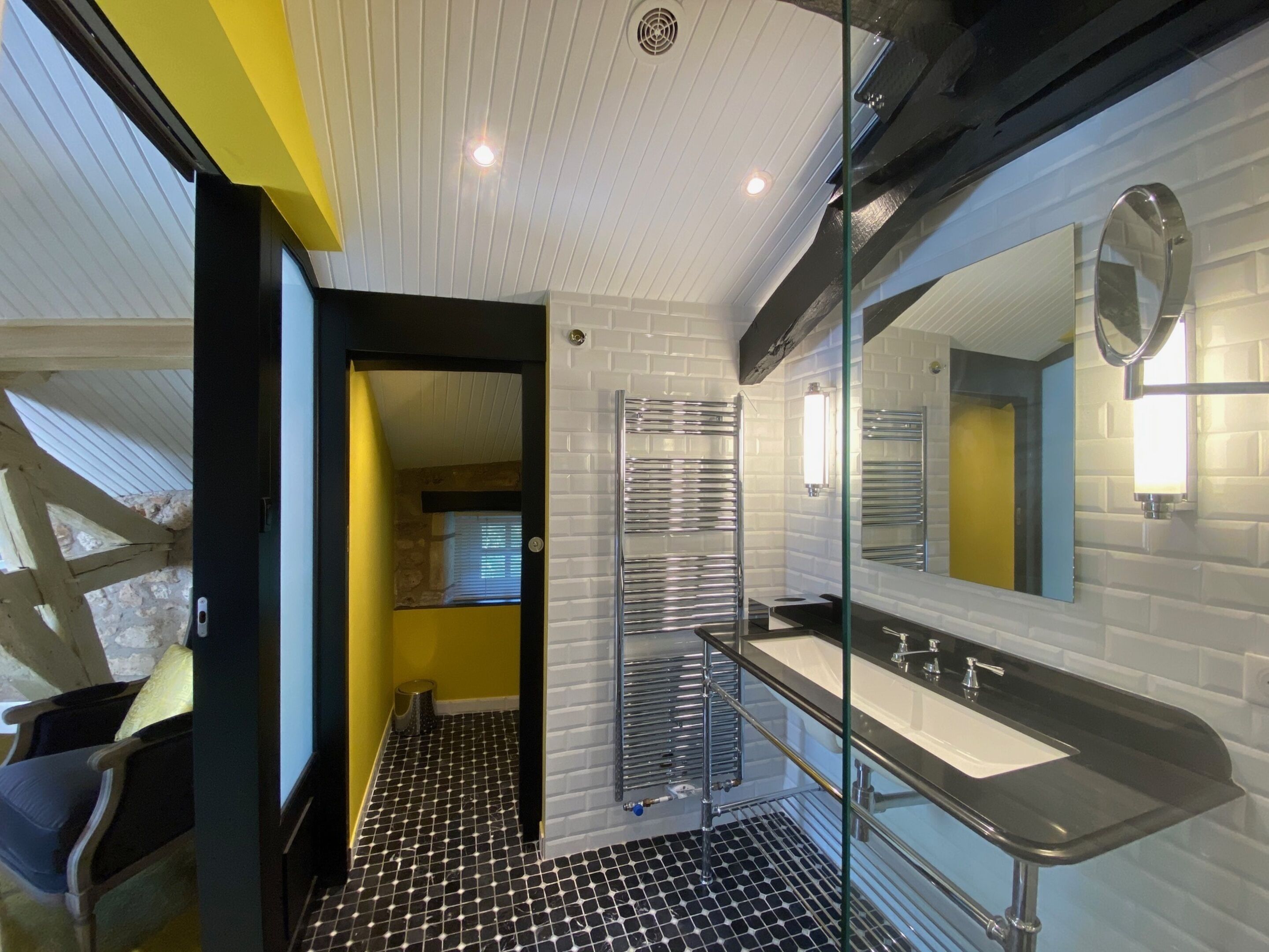 designer toiletries, hair dryer, bathrobes, towels