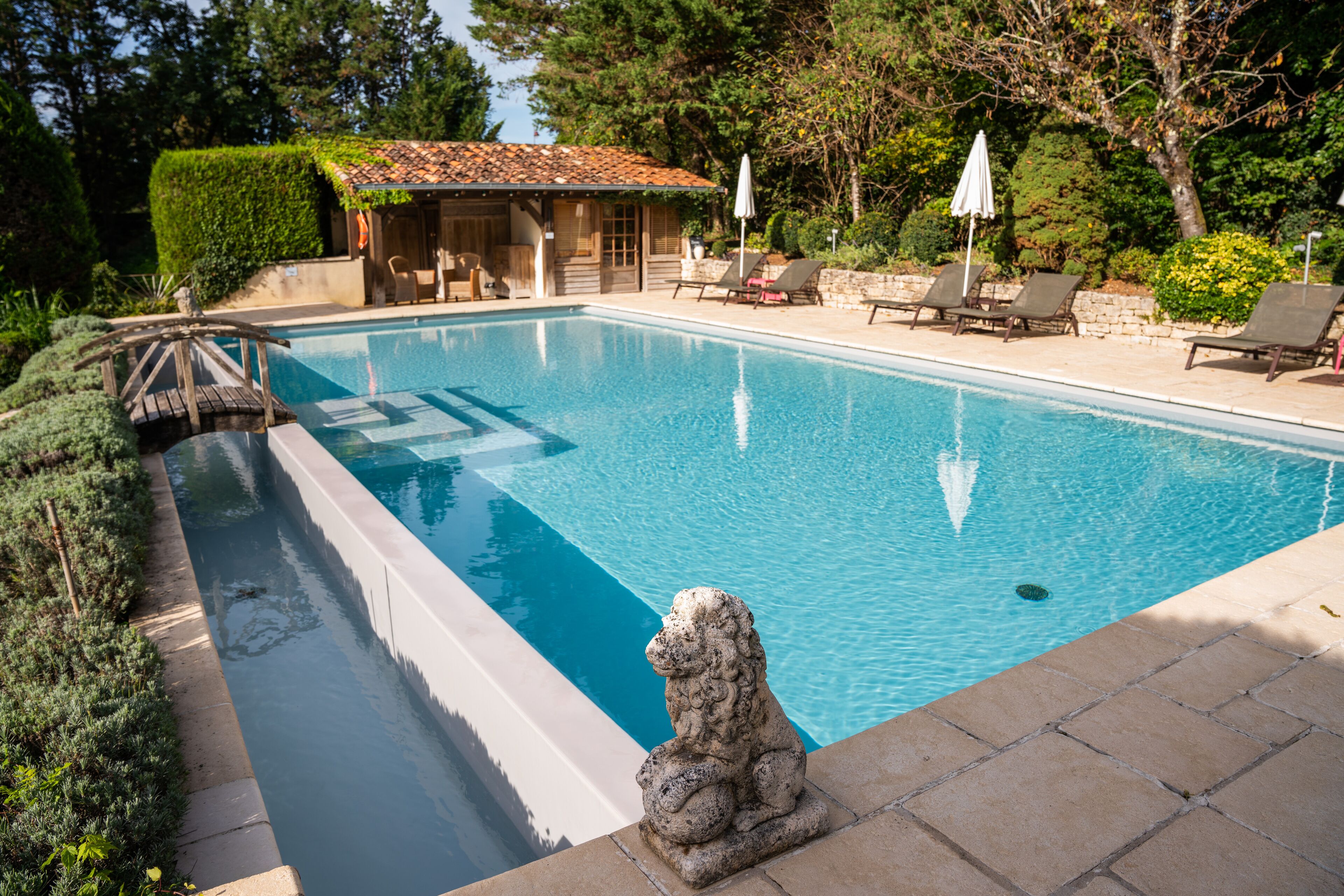 Una piscina rectangular con una estatua de león de piedra en primer plano.