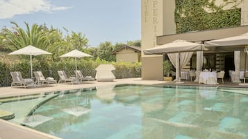 Indoor pool, outdoor pool, pool umbrellas, sun loungers
