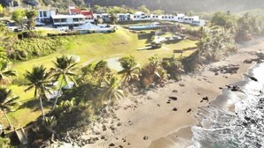 A coastal resort with multiple buildings, a sandy beach, and palm trees. - Hotel El Guajataca (Quebradillas)
