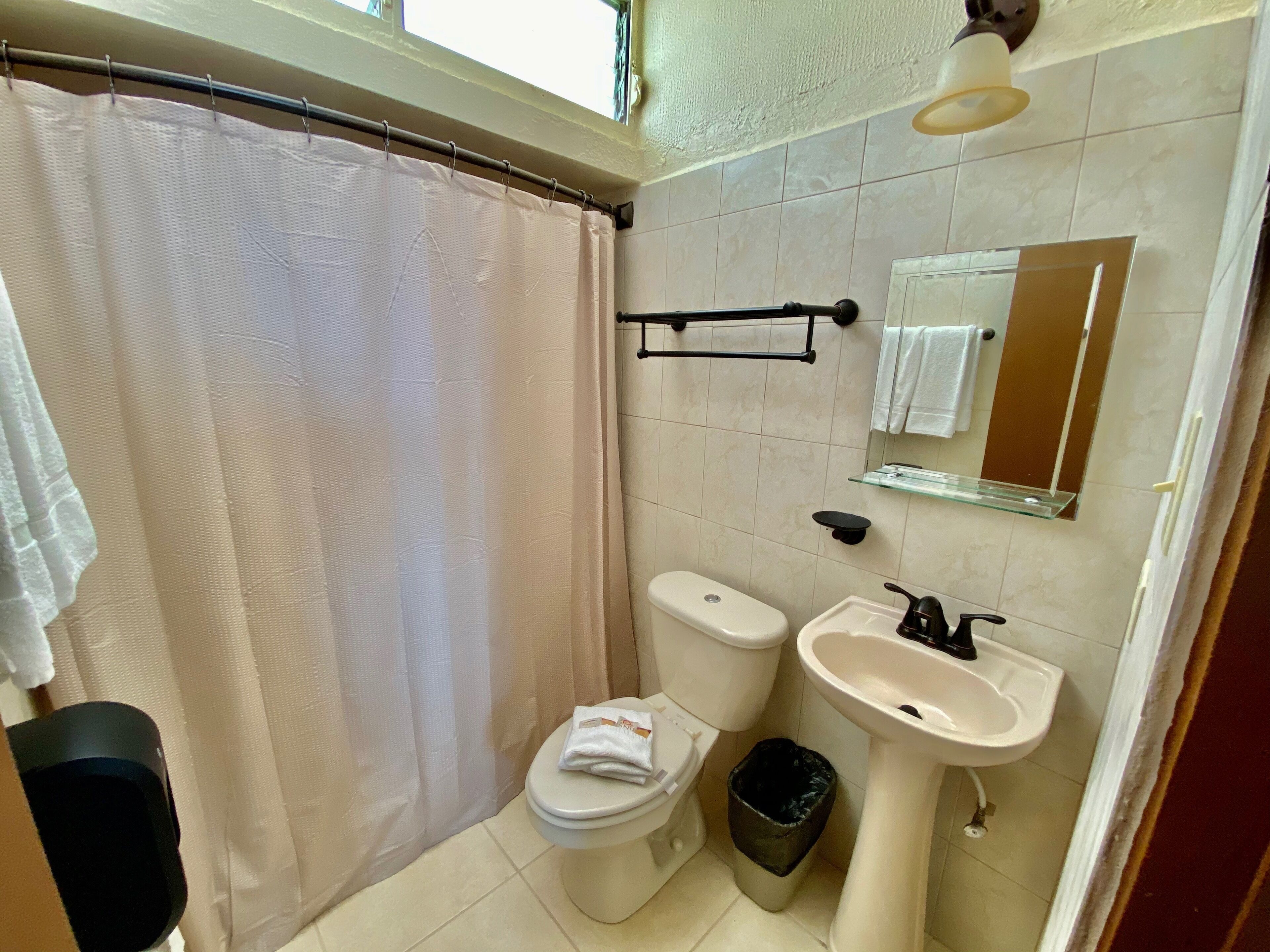 A bathroom with a toilet, sink, and shower curtain.