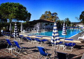 Outdoor pool, pool umbrellas, pool loungers