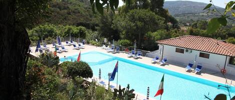 Outdoor pool, pool umbrellas, pool loungers