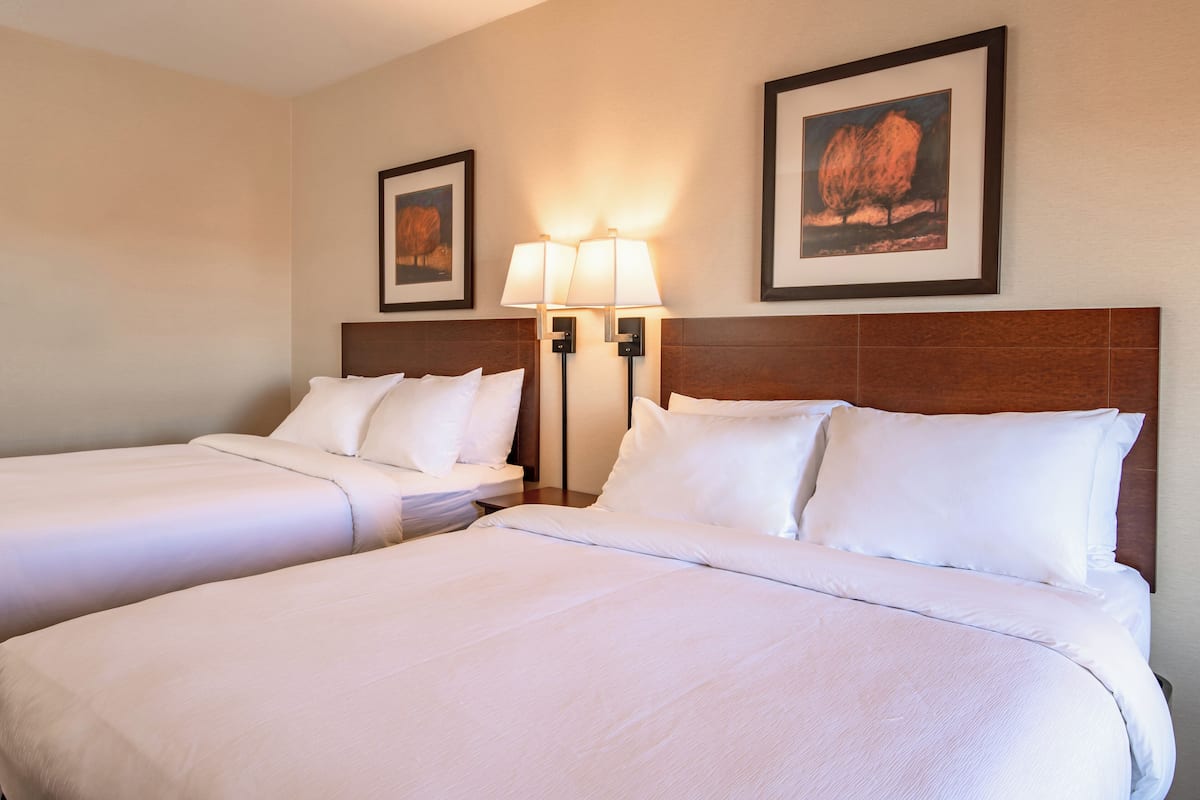 Una habitación de hotel con dos camas, un cabecero de madera, una mesita de noche con lámparas y cuadros en las paredes.