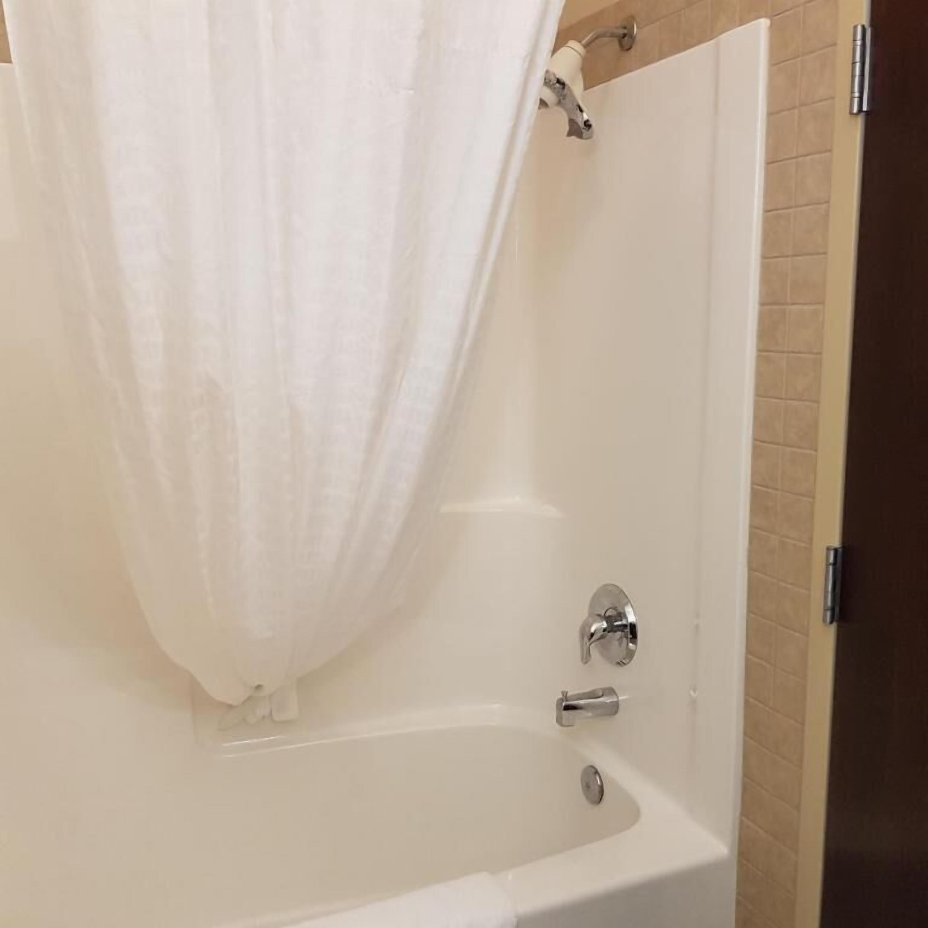 combined shower/bathtub, hair dryer, towels, soap