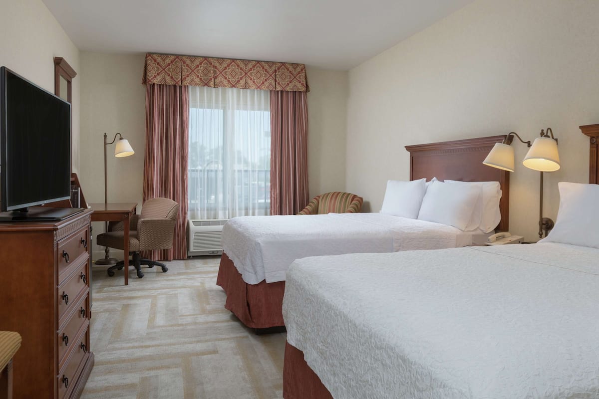 A hotel room with two beds, a desk, a television, and a chair.