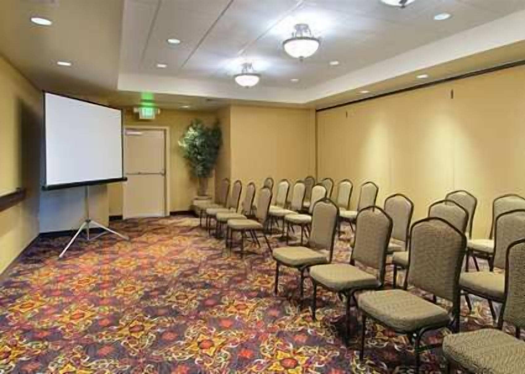 A conference room with rows of chairs, a projector screen, and a carpeted floor.