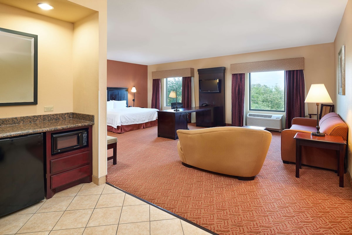 A hotel room with a bed, a desk, a sofa, a TV, a microwave, and a window with curtains.
