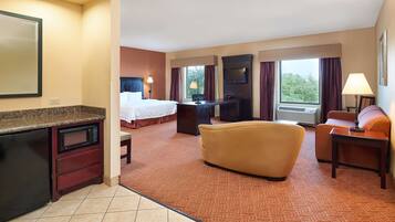 Desk, laptop workspace, blackout curtains, iron/ironing board