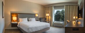 A hotel room with a large bed, two bedside tables with lamps, a chair, a desk with a lamp, a large window with curtains, and an air conditioning unit. - Hampton Inn & Suites Boerne (Boerne)