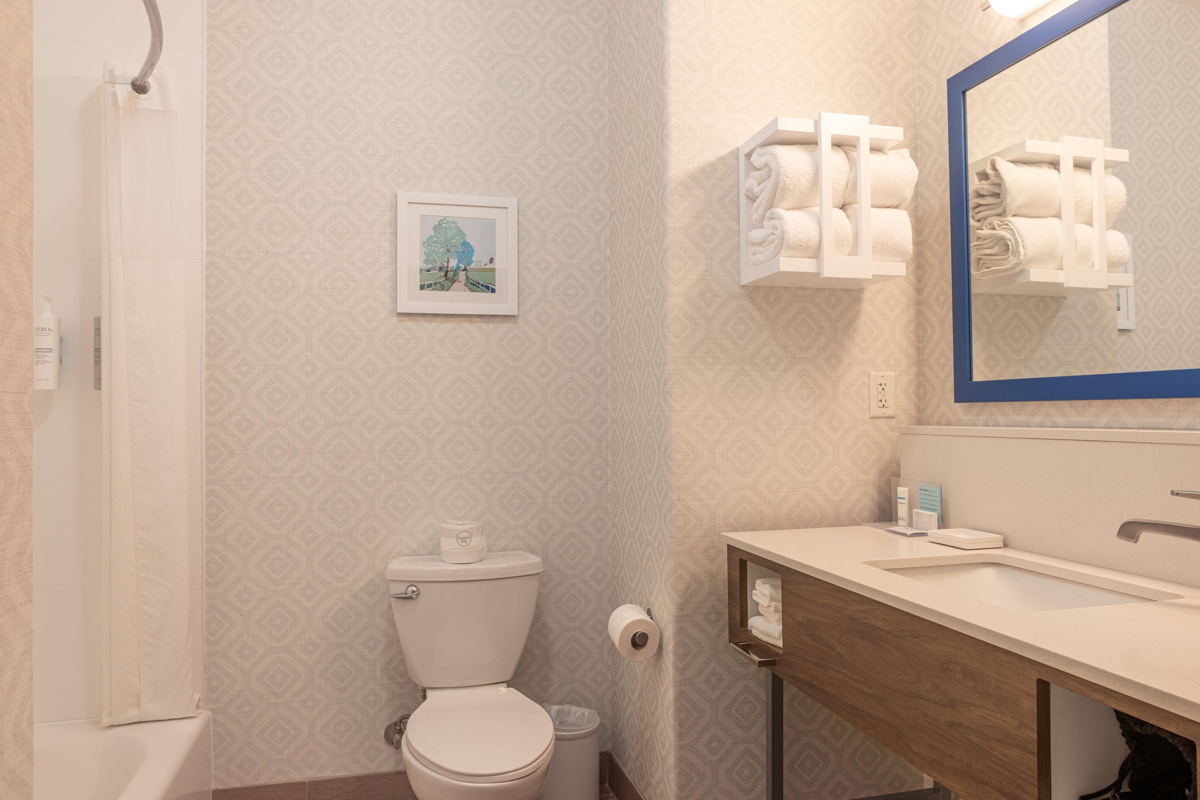 A bathroom with a toilet, a sink, a mirror, and a framed picture on the wall.