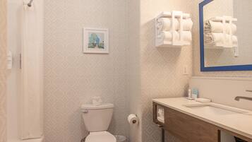 A bathroom with a toilet, a sink, a mirror, and a framed picture on the wall.