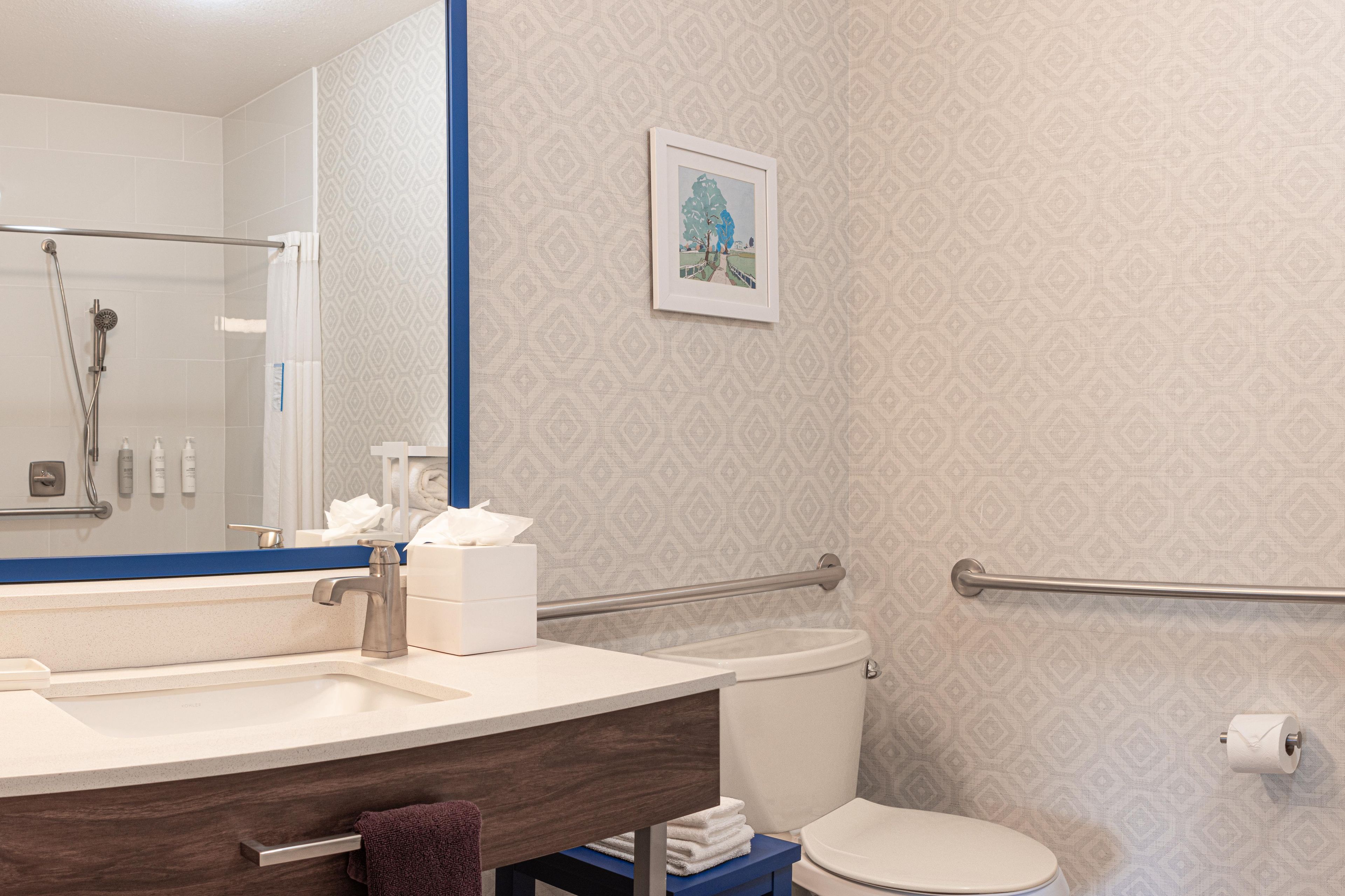 Un baño con inodoro blanco, lavamanos con espejo y zona de ducha.