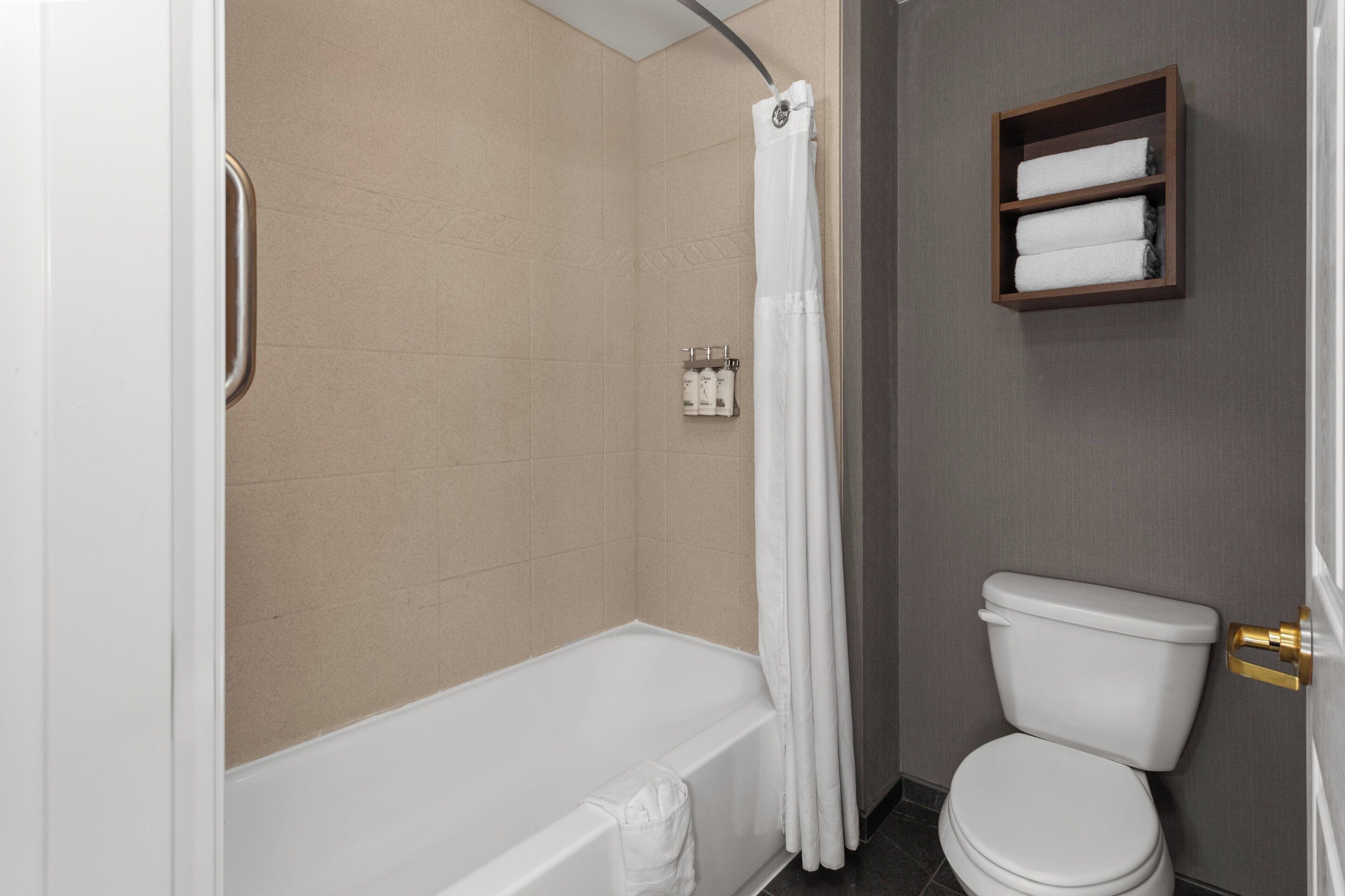 A bathroom with a bathtub, toilet, and a shelf with toiletries.